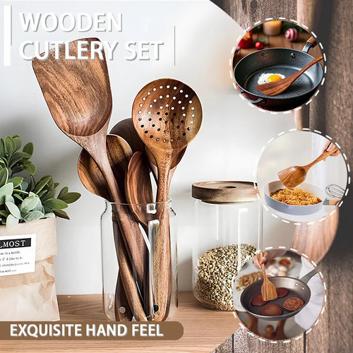 5pcs Wooden Utensil Set with Hanging Holes, Food Grade Spoons and Spatula 24-33.7cm, Non-Toxic Smooth Kitchen Tools for Cooking