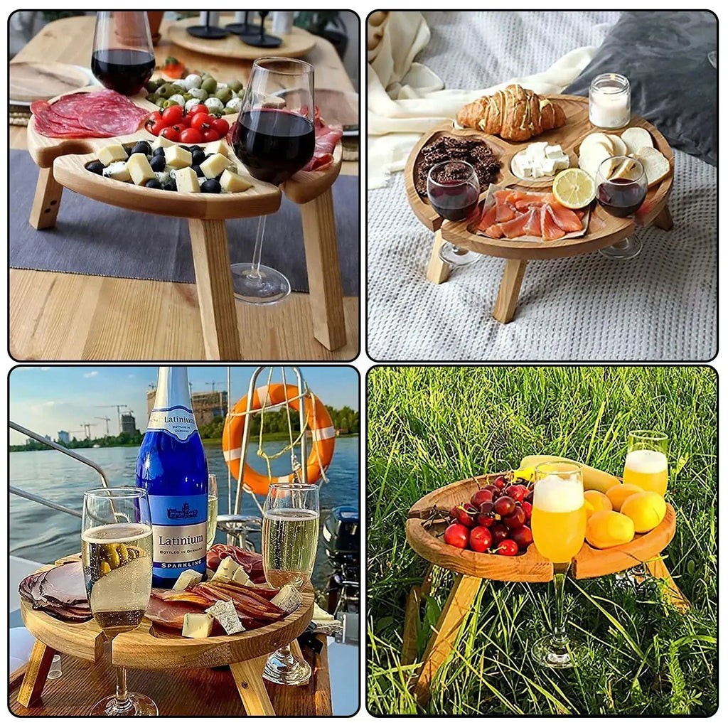 Portable Wooden Folding Picnic Table with Wine Rack