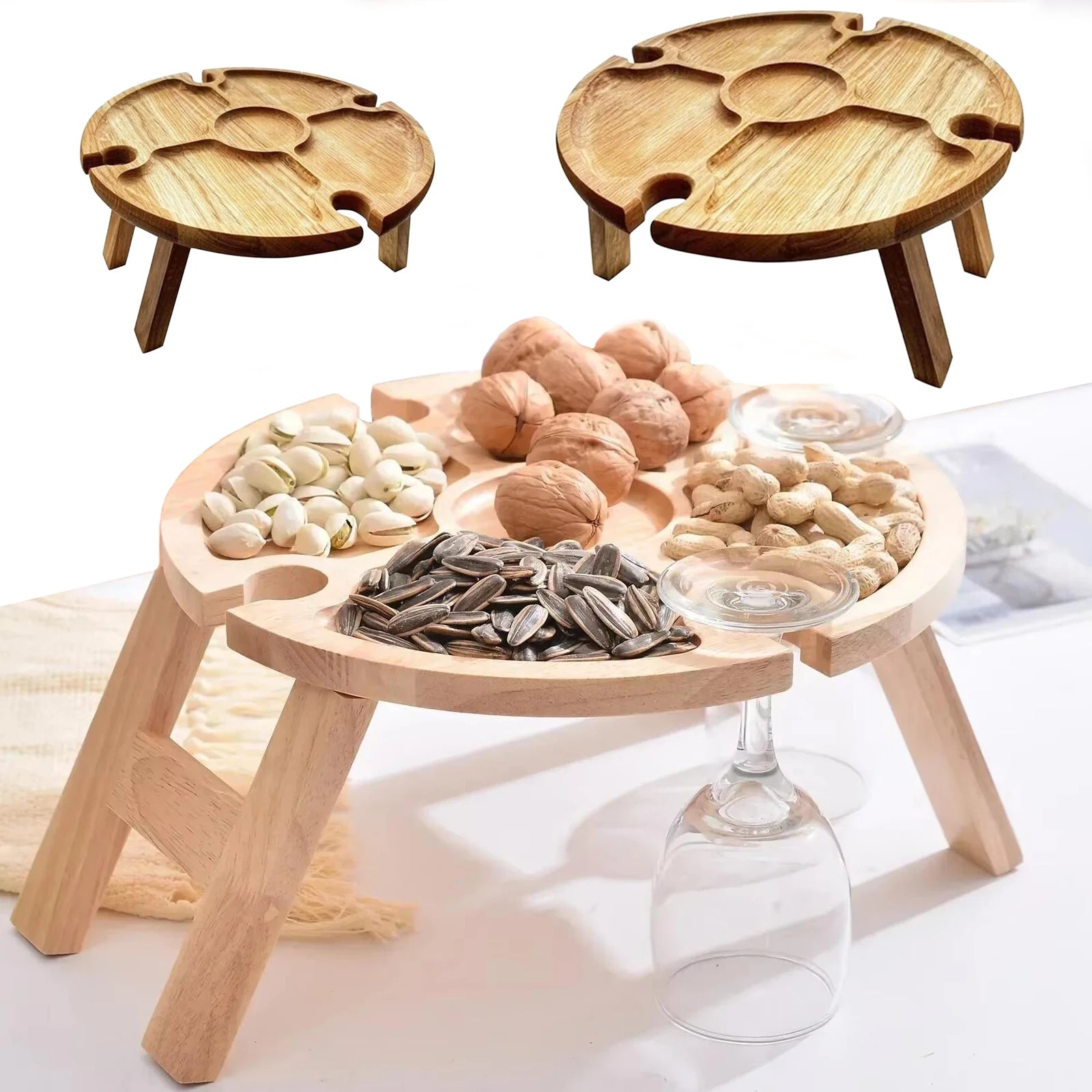 Portable Wooden Folding Picnic Table with Wine Rack